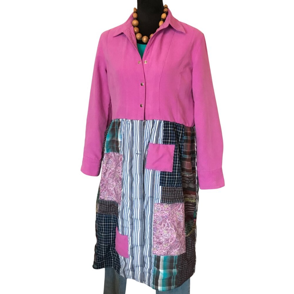 Boho Patchwork Duster Dress Upcycled Pink Bohemian Layering Outerwear Size S - M